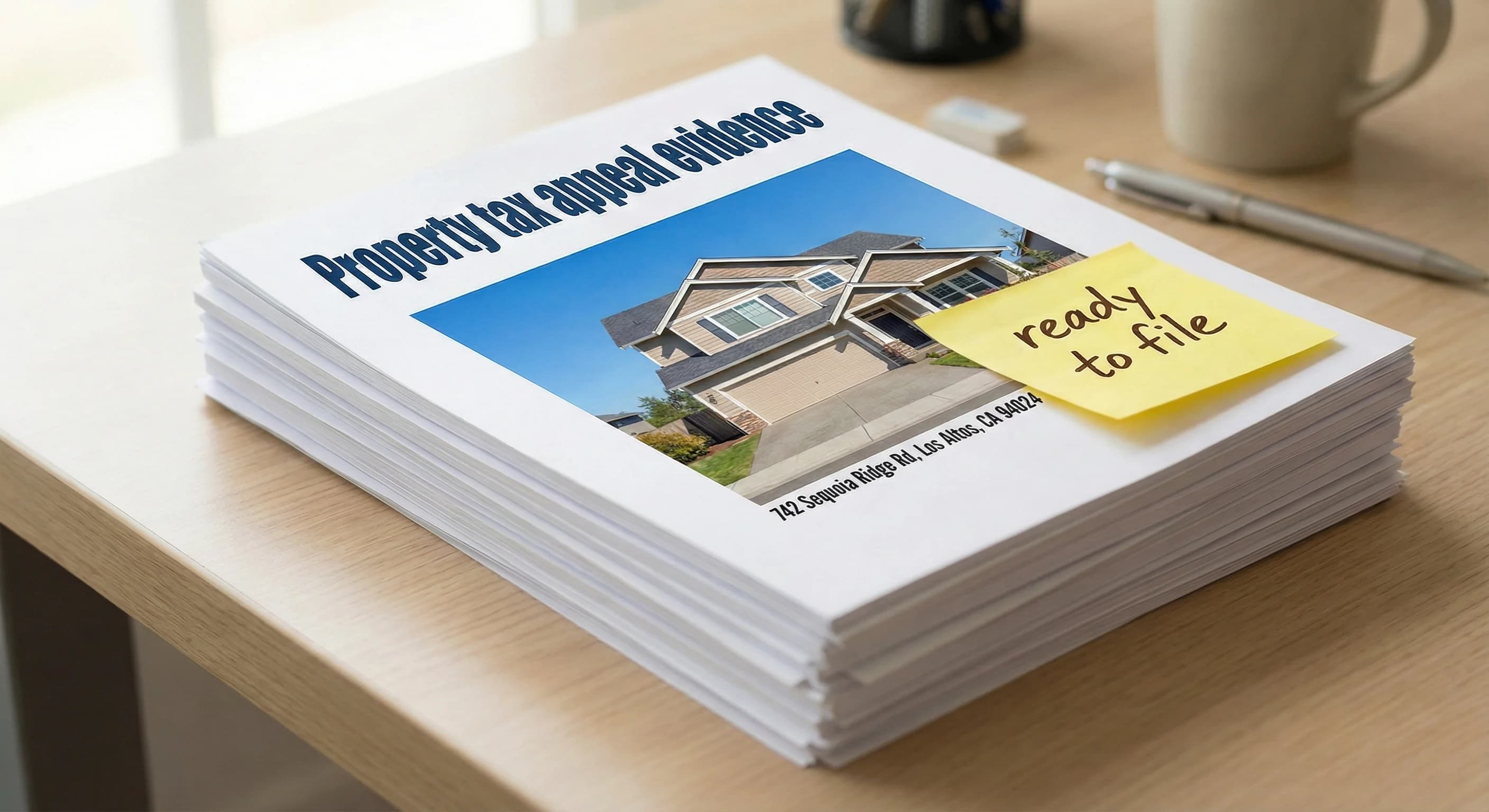 Stack of property tax appeal evidence papers with a ready to file note.